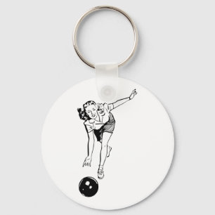 Retro Vintage Black & White Ten Pin Bowling Woman Key Ring