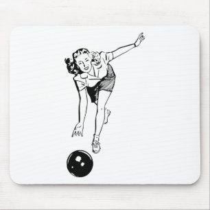 Retro Vintage Black & White Ten Pin Bowling Woman Mouse Mat