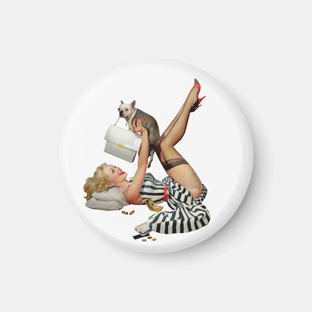 Retro Vintage Blonde Pinup Girl With Dog Magnet (Front)