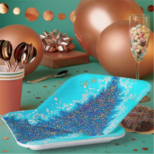 Retro vintage blue Christmas tree party plate