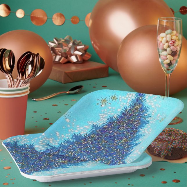 Retro vintage blue Christmas tree party plate (Multi)
