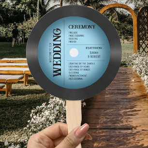 Retro Vintage Blue Vinyl Record Wedding Program Hand Fan