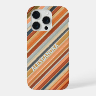 Retro vintage boho monogram orange blue stripes iPhone 15 pro case