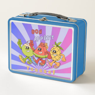 Retro Vintage Bon Appétit Fruit Trio dances Blue Metal Lunch Box