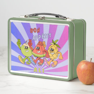 Retro Vintage Bon Appétit Fruit Trio dances Green Metal Lunch Box