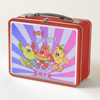 Retro Vintage Bon Appétit Fruit Trio dances Red Metal Lunch Box