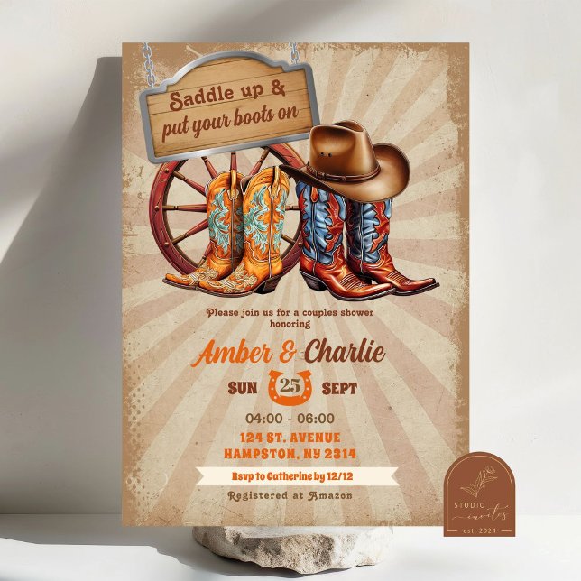 Retro Vintage Boots Cowboy Couples Shower Invitation (Creator Uploaded)