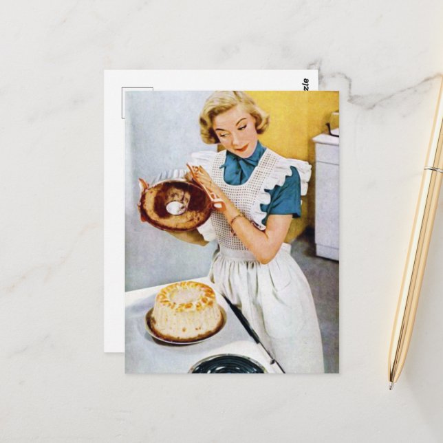 retro vintage cake baking lady postcard (Front/Back In Situ)