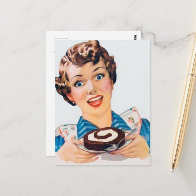 retro  vintage cake lady  postcard (Front/Back In Situ)
