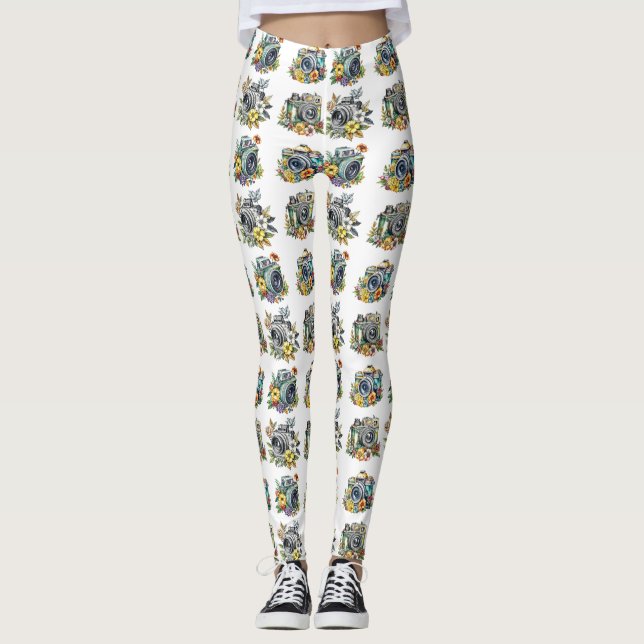Retro Vintage Cameras with Pretty Flowers Leggings (Front)