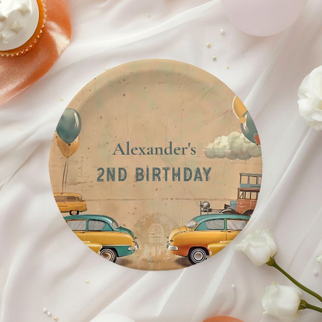 Retro Vintage Car Two Fast Birthday Paper Plate (Creator Uploaded)