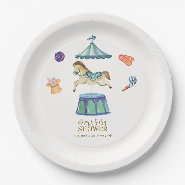 Retro Vintage Carousel Carnival Baby Shower  Paper Plate (Front)