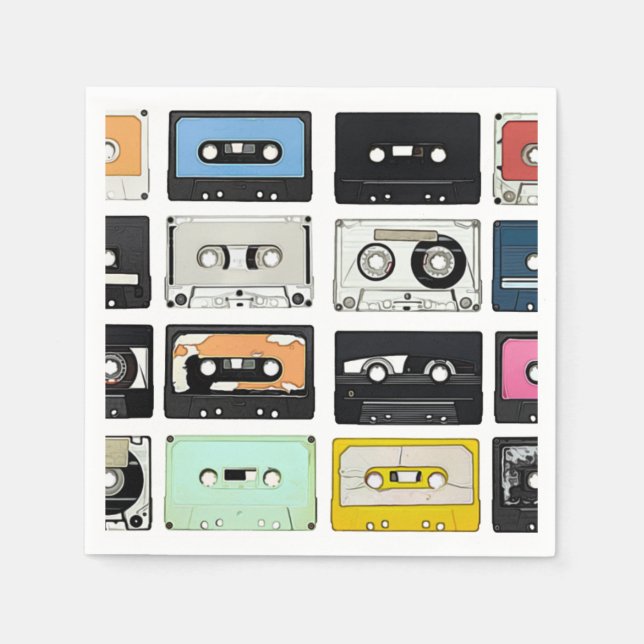 Retro vintage Cassette Mix Tapes art pattern Napkin (Front)