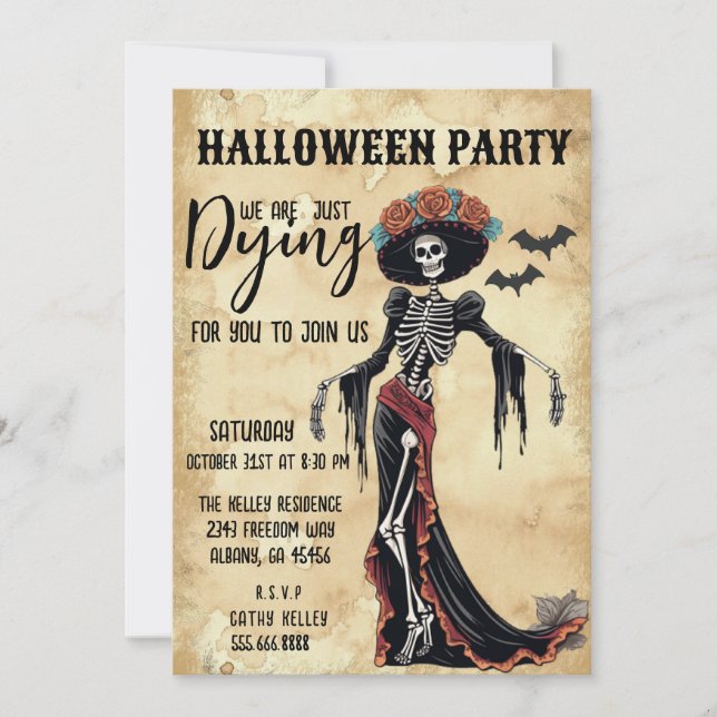 Retro Vintage Catrina Skeleton Halloween Party Invitation (Front)
