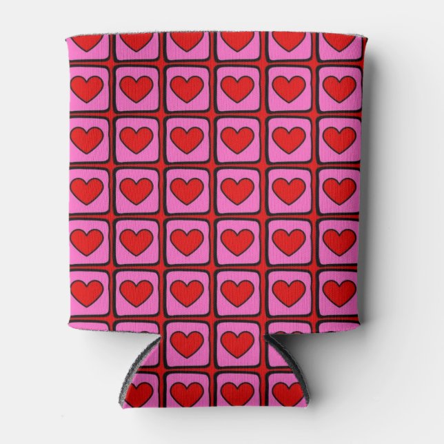 Retro Vintage Chequered Heart Y2K Pattern  Can Cooler (Front)