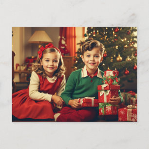 Retro, Vintage Children with Christmas Gifts  Holiday Postcard