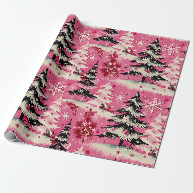 Retro Vintage Christmas: 1950's Pink Xmas Wrapping Paper (Unrolled)