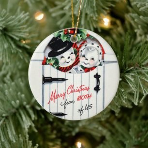 Retro vintage Christmas add message Snow couple Ceramic Tree Decoration