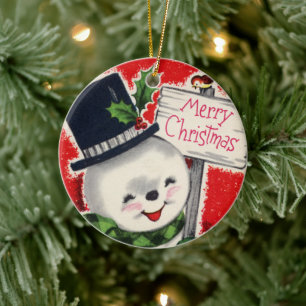 Retro vintage Christmas add message snowman Ceramic Tree Decoration