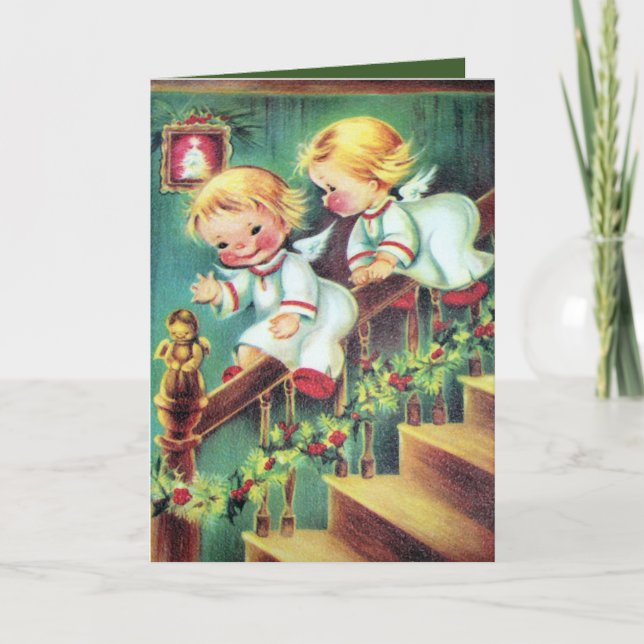 Retro Vintage Christmas Angels add text card (Front)