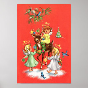 retro vintage Christmas Angels and reindeer Poster