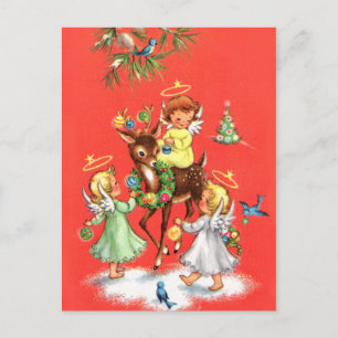 Retro vintage Christmas Angels deer Holiday Announcement Postcard