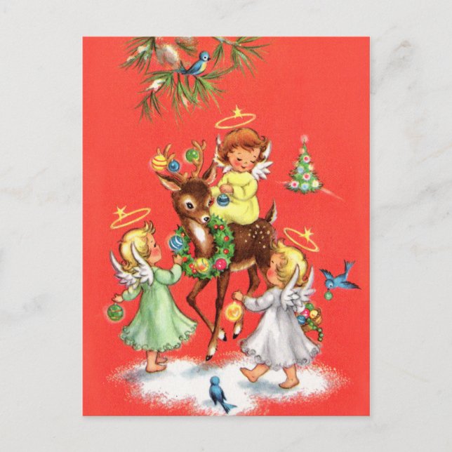 Retro vintage Christmas Angels deer Holiday Announcement Postcard (Front)