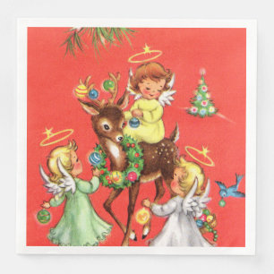 retro vintage Christmas Angels Holiday party Napkin