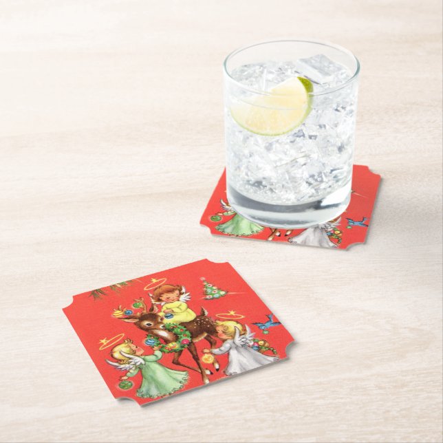 retro vintage Christmas Angels Holiday party Paper Coaster (Insitu)