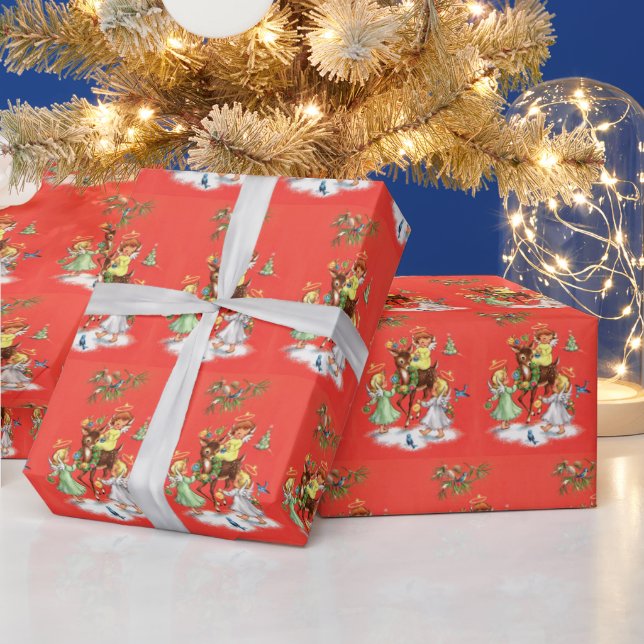 Retro vintage Christmas Angels reindeer Wrapping Paper (Holidays)