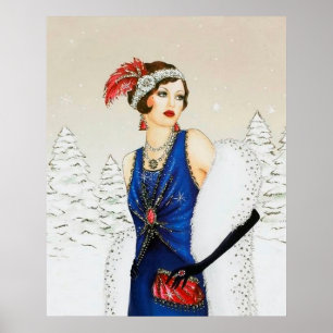 Retro vintage Christmas art deco lady poster