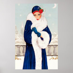 Retro vintage Christmas art deco lady poster