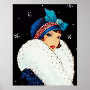 Retro vintage Christmas art deco lady poster