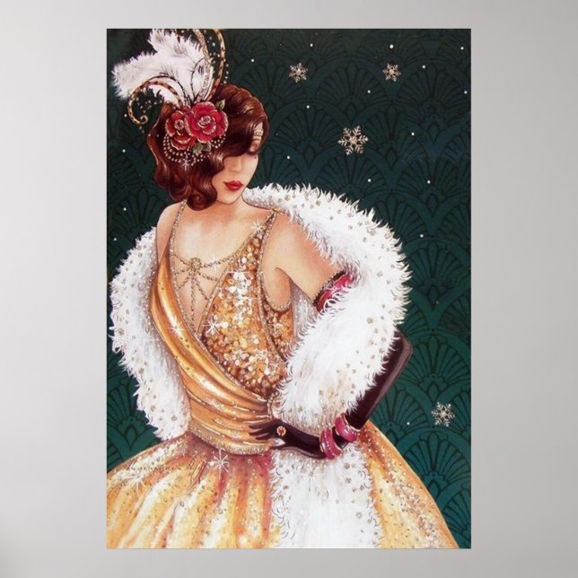 Retro vintage Christmas art deco lady poster (Front)