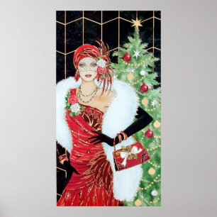 Retro vintage Christmas art deco lady poster
