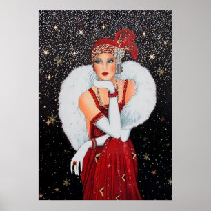 Retro vintage Christmas art deco lady poster