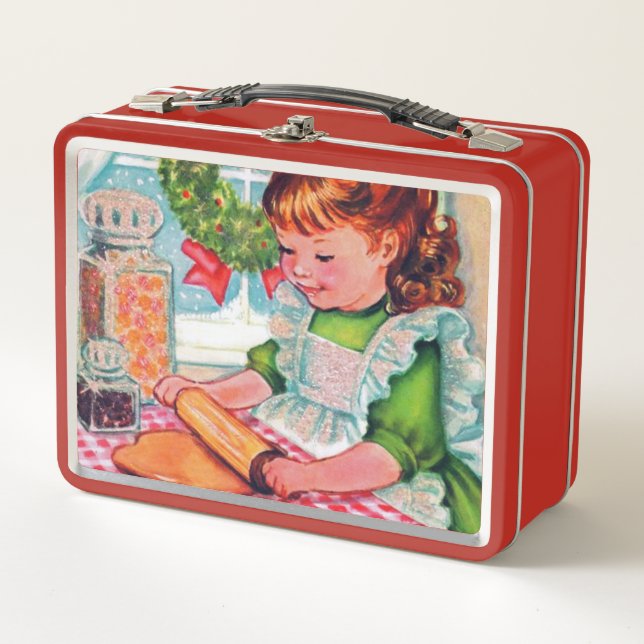 Retro vintage Christmas baking girl Metal Lunch Box (Front)