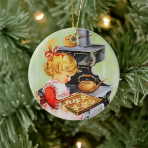Retro vintage Christmas baking girl ornament