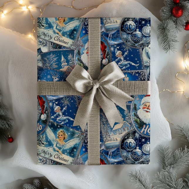 Retro Vintage Christmas: Blue Collage Wrapping Paper (Creator Uploaded)