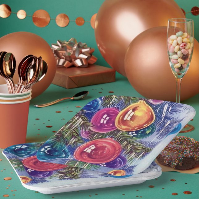 Retro vintage Christmas bulbs party Paper Plate (Multi)