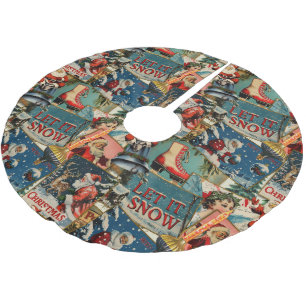 Retro Vintage Christmas Cards Collage Brushed Polyester Tree Skirt