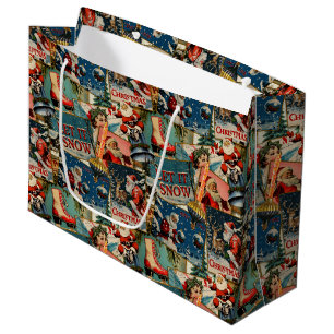 Retro Vintage Christmas Cards Collage Large Gift Bag