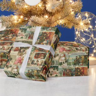 Retro Vintage Christmas Cards Collage Wrapping Paper