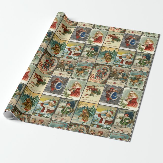 Retro Vintage Christmas Cards Collage Wrapping Paper (Unrolled)