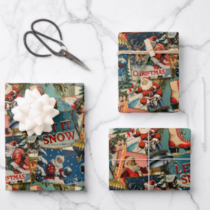 Retro Vintage Christmas Cards Collage Wrapping Paper Sheet