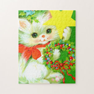 retro vintage Christmas cat Holiday Jigsaw Puzzle