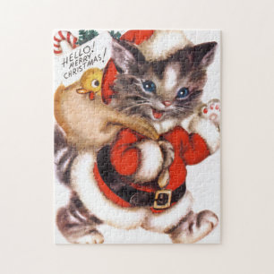 retro vintage Christmas cat Holiday Jigsaw Puzzle