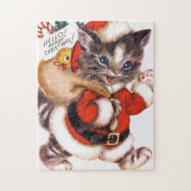 retro vintage Christmas cat Holiday Jigsaw Puzzle (Vertical)