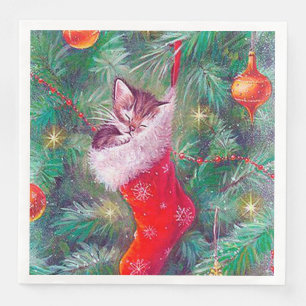 Retro vintage Christmas cat Holiday Napkin