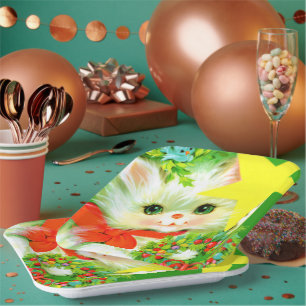 Retro vintage Christmas cat Holiday party Paper Plate